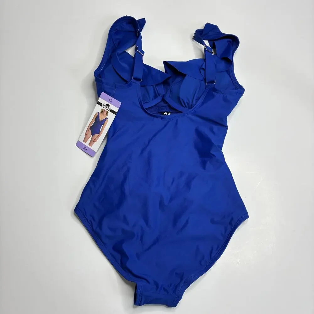 DKNY Dark Blue Ruffle V-Neck One Piece Swimsuit NWT Womens XS - Picture 4 of 7